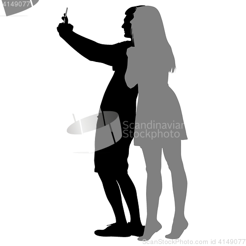 Image of Silhouettes man and woman taking selfie with smartphone on white background. illustration