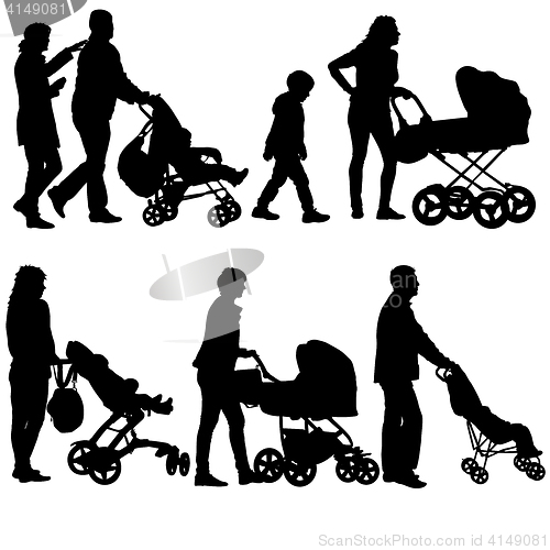 Image of Set black silhouettes Family with pram on white background. illustration