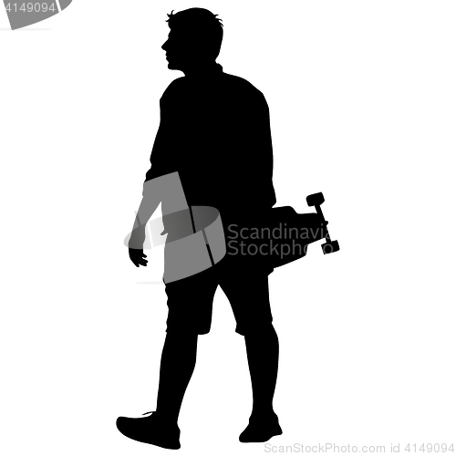 Image of Black silhouettes man with skateboard in hand on white background. illustration