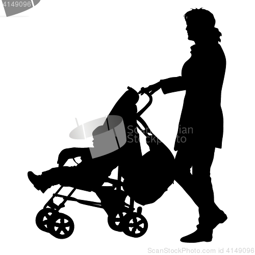 Image of Black silhouettes Family with pram on white background. illustration