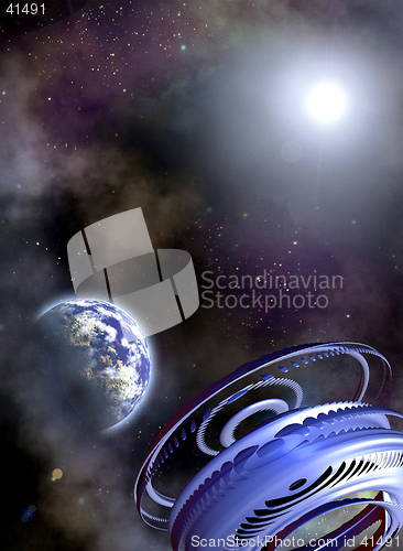 Image of Space scenario. Abstract fantastic Space ship and the Earth in the Space