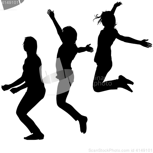 Image of Silhouette of three young girls jumping with hands up, motion. illustration