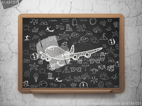 Image of Tourism concept: Airplane on School board background