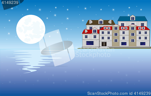 Image of Moon on ocean and city