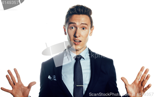 Image of young pretty business man standing on white background, modern hairstyle, posing emotional, lifestyle people concept