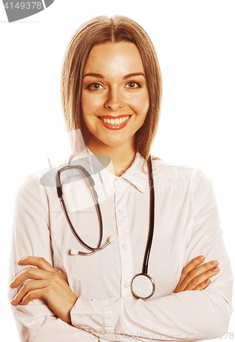 Image of young pretty woman doctor with stethoscope on white background 