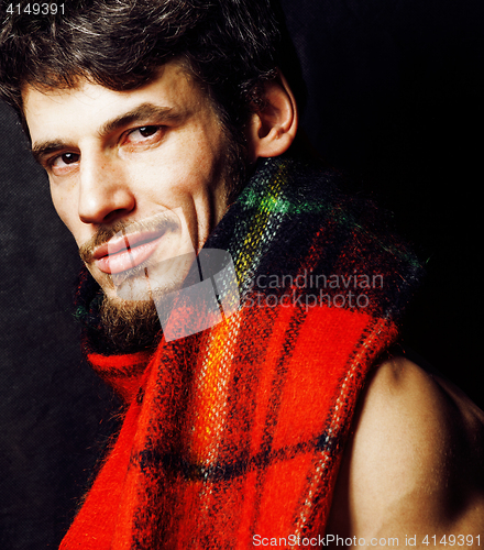 Image of portrait of handsome mature modern bearded hipster brutal man warm winter clothers, lifestyle people concept