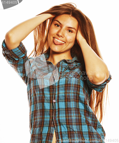 Image of young pretty woman posing on white background isolated emotional