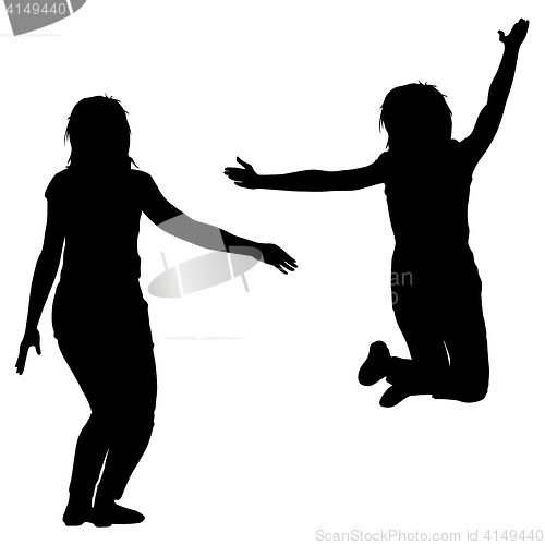 Image of Silhouette of three young girls jumping with hands up, motion. illustration