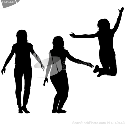 Image of Silhouette of three young girls jumping with hands up, motion. illustration