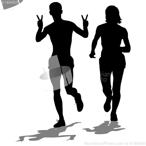 Image of Set of silhouettes. Runners on sprint men and woman. illustration