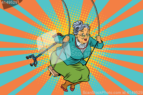 Image of Old woman swinging on a baby swing