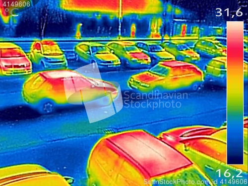 Image of Thermal image showing parked cars at town parking lot