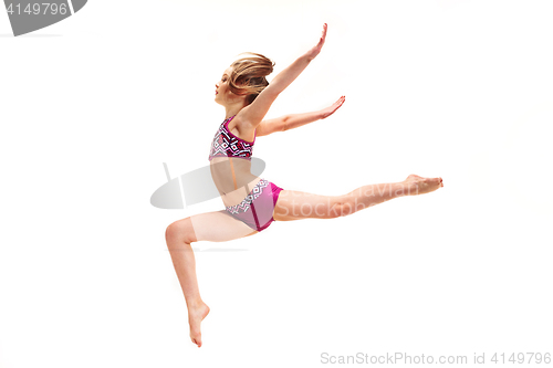 Image of The teenager girl doing gymnastics exercises isolated on white background