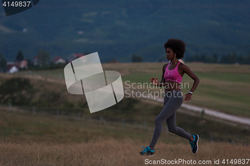 Image of Young African american woman jogging in nature