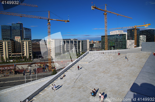 Image of OSLO, NORWAY – AUGUST 17, 2016: View on Bjorvika and tourist o