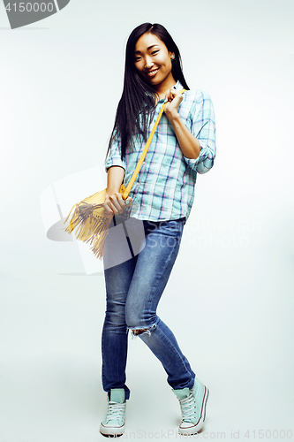 Image of young pretty asian woman posing cheerful emotional isolated on white background, lifestyle people concept