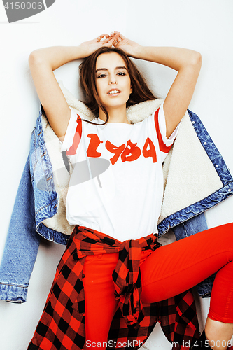 Image of young pretty stylish hipster girl posing emotional isolated on white background happy smiling cool smile, lifestyle people concept