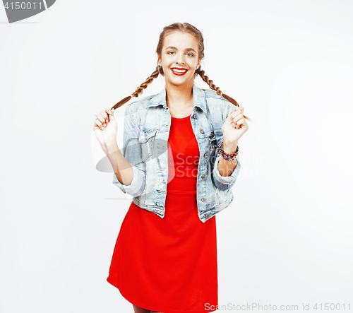 Image of young pretty stylish hipster blond girl with pigtails posing emotional isolated on white background happy smiling cool smile, lifestyle people concept