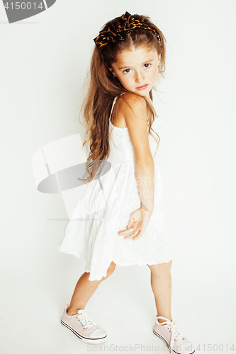 Image of little cute beauty girl isolated on white background long curly hair, close up adorable kid, lifestyle people concept