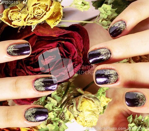 Image of close up picture of manicure nails with dry flower red rose, deh