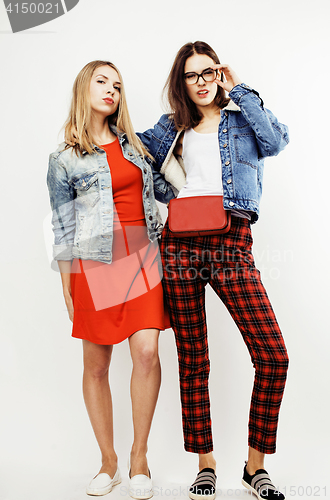 Image of best friends teenage girls together having fun, posing emotional on white background, besties happy smiling, lifestyle people concept