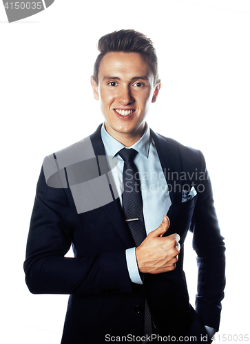 Image of young pretty business man standing on white background, modern hairstyle, posing emotional, lifestyle people concept