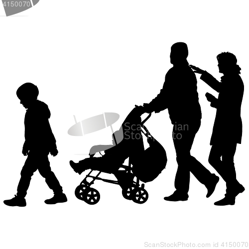 Image of Black silhouettes Family with pram on white background. illustration