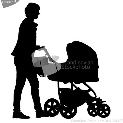 Image of Black silhouettes Family with pram on white background. illustration