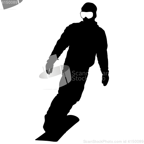 Image of Black silhouettes snowboarders on white background.