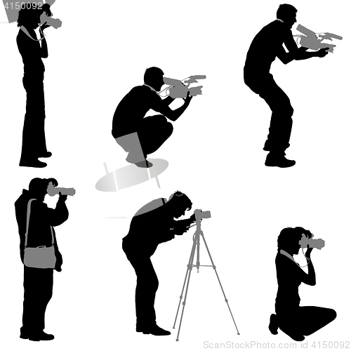 Image of Set cameraman with video camera. Silhouettes on white background. illustration