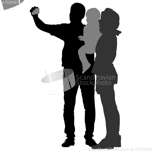 Image of Silhouettes man and woman with a child, make selfie smartphone on white background. illustration