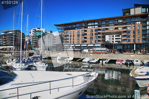 Image of OSLO, NORWAY – AUGUST 17, 2016: People walking on modern distr