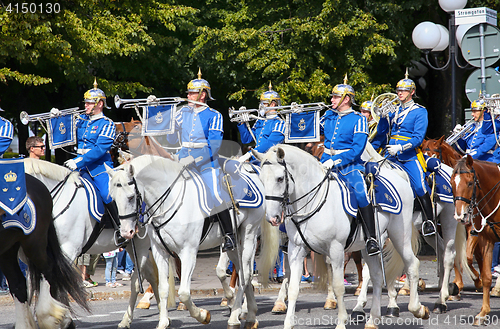 Image of STOCKHOLM, SWEDEN - AUGUST 20, 2016: Swedish Royal Guards on hor