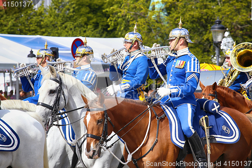 Image of STOCKHOLM, SWEDEN - AUGUST 20, 2016: Swedish Royal Guards on hor