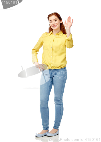Image of happy smiling woman waving hand over white