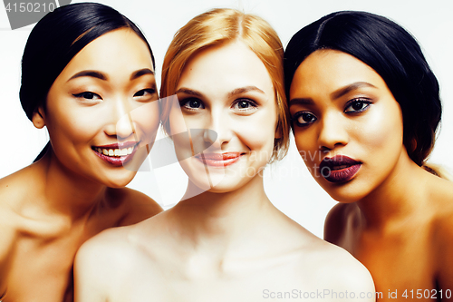 Image of three different nation woman: asian, african-american, caucasian together isolated on white background happy smiling, diverse type on skin, lifestyle people concept