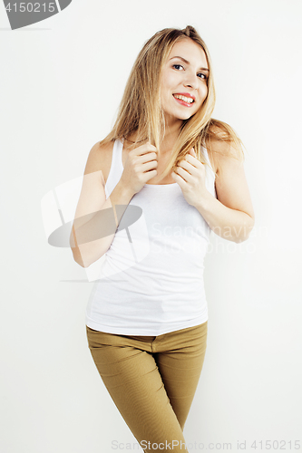 Image of young pretty blonde hair woman happy smiling isolated on white background, lifestyle people concept