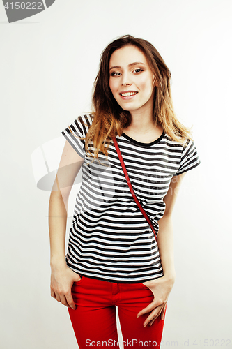 Image of young pretty stylish hipster girl posing emotional isolated on white background happy smiling cool smile, lifestyle people concept