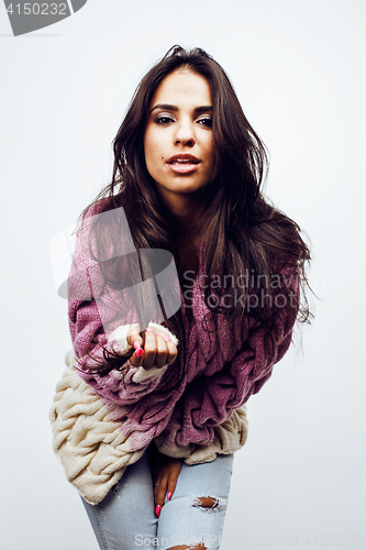 Image of young happy smiling latin american teenage girl emotional posing on white background, lifestyle people concept