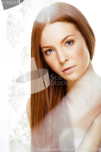 Image of beauty young redhead woman with red flying hair, funny ginger fr
