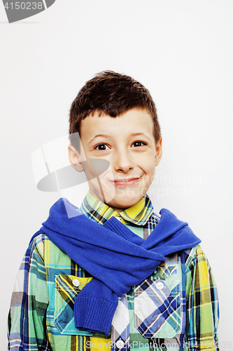 Image of young pretty little boy kid wondering, posing emotional face isolated on white background, gesture happy smiling close up, lifestyle people concept