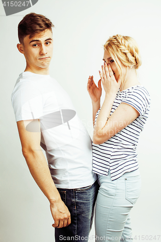 Image of young pretty teenage couple, hipster guy with his girlfriend happy smiling and hugging isolated on white background, lifestyle people concept