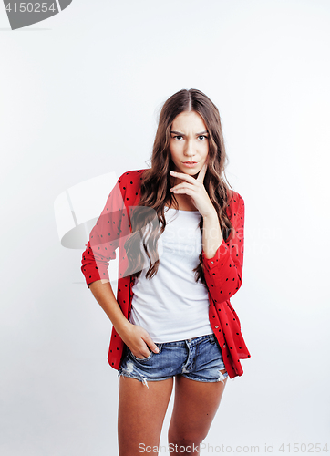 Image of young pretty stylish hipster girl posing emotional isolated on white background happy smiling cool smile, lifestyle people concept
