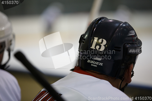 Image of Moscow, Russia - January, 07, 2017: Amateur hockey league LHL-77. Game between hockey team \"New Jersey 53\" and hockey team \"Reds\".