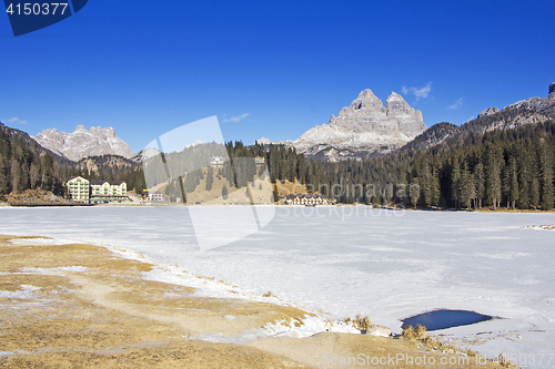 Image of Panoramic views of the frozen lake Misurina and Tre Cime di Lava