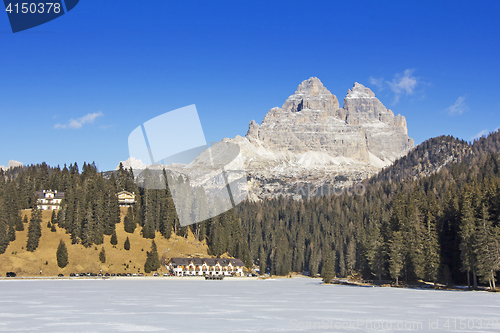 Image of Panoramic views of the frozen lake Misurina and Tre Cime di Lava