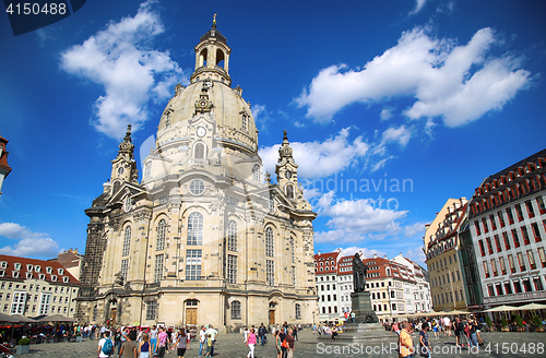 Image of DRESDEN, GERMANY – AUGUST 13, 2016: People walk on Neumarkt Sq