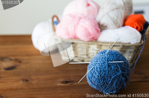 Image of basket with knitting needles and balls of yarn