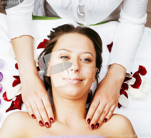 Image of stock photo attractive lady getting spa treatment in salon, heal